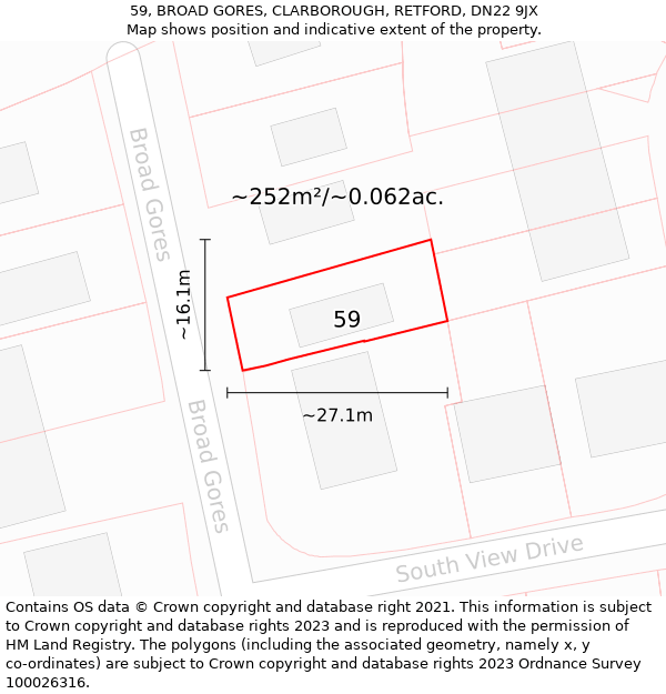 59, BROAD GORES, CLARBOROUGH, RETFORD, DN22 9JX: Plot and title map