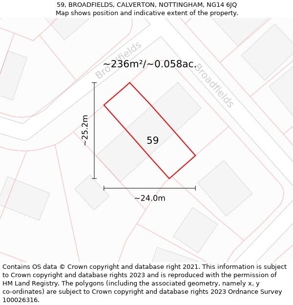 59, BROADFIELDS, CALVERTON, NOTTINGHAM, NG14 6JQ: Plot and title map