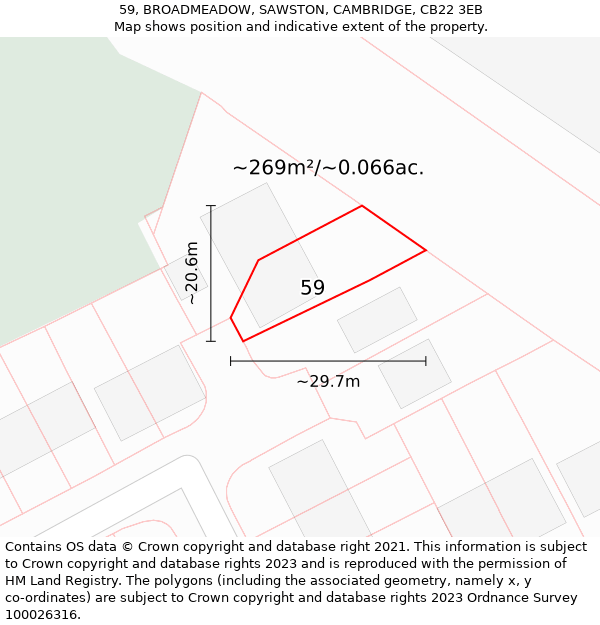 59, BROADMEADOW, SAWSTON, CAMBRIDGE, CB22 3EB: Plot and title map