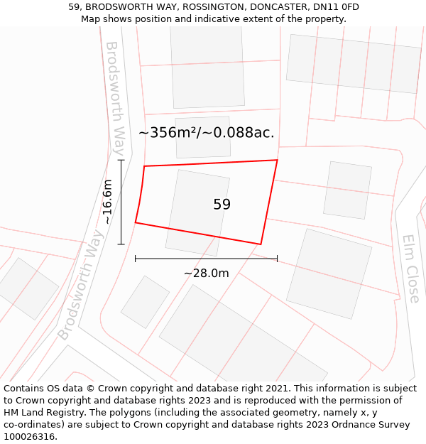 59, BRODSWORTH WAY, ROSSINGTON, DONCASTER, DN11 0FD: Plot and title map