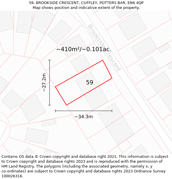 59, BROOKSIDE CRESCENT, CUFFLEY, POTTERS BAR, EN6 4QP: Plot and title map