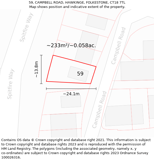 59, CAMPBELL ROAD, HAWKINGE, FOLKESTONE, CT18 7TL: Plot and title map