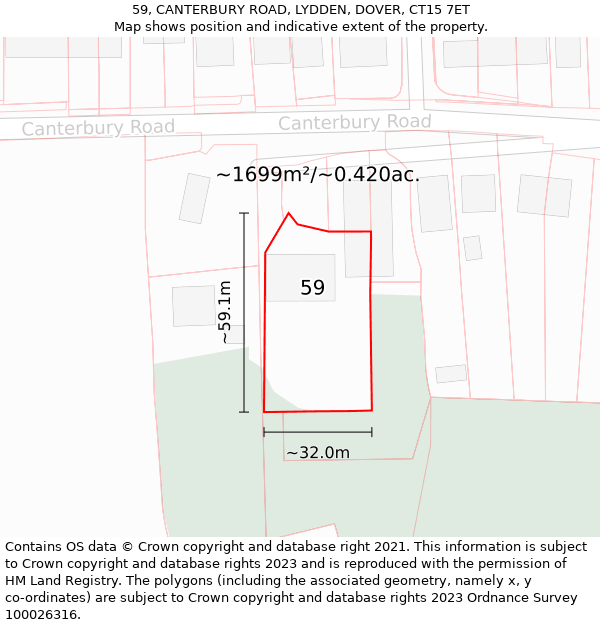 59, CANTERBURY ROAD, LYDDEN, DOVER, CT15 7ET: Plot and title map