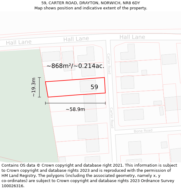 59, CARTER ROAD, DRAYTON, NORWICH, NR8 6DY: Plot and title map