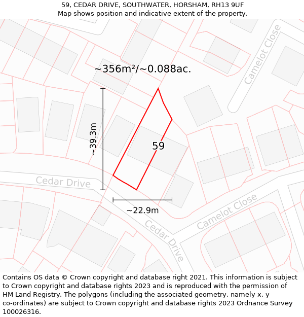 59, CEDAR DRIVE, SOUTHWATER, HORSHAM, RH13 9UF: Plot and title map