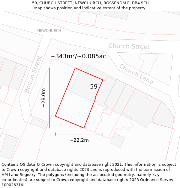 59, CHURCH STREET, NEWCHURCH, ROSSENDALE, BB4 9EH: Plot and title map