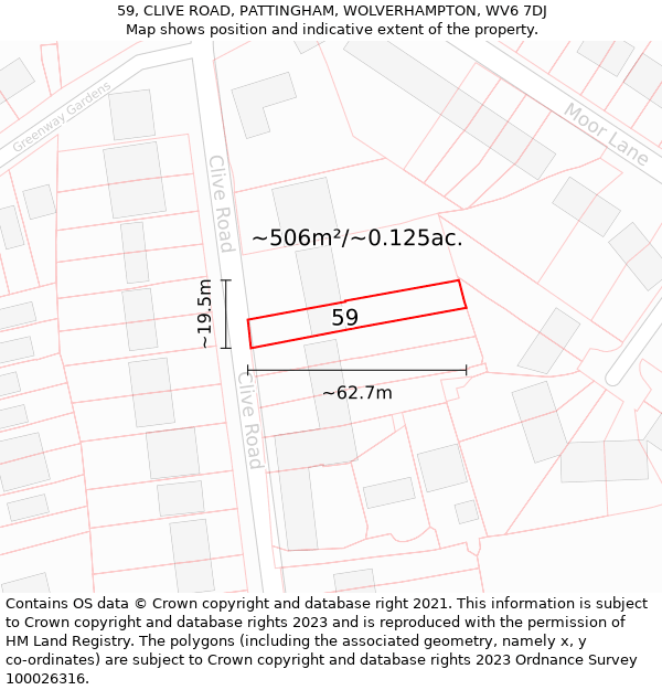 59, CLIVE ROAD, PATTINGHAM, WOLVERHAMPTON, WV6 7DJ: Plot and title map