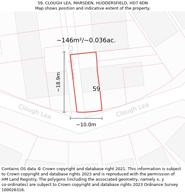 59, CLOUGH LEA, MARSDEN, HUDDERSFIELD, HD7 6DN: Plot and title map