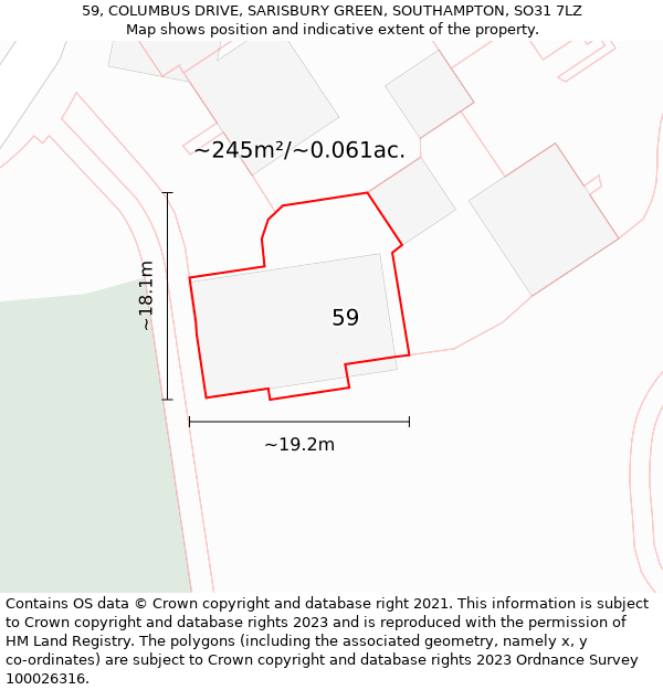 59, COLUMBUS DRIVE, SARISBURY GREEN, SOUTHAMPTON, SO31 7LZ: Plot and title map