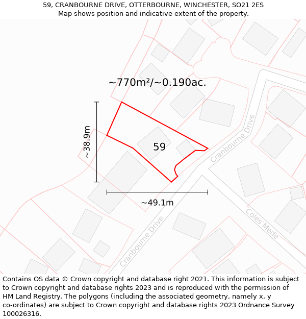 59, CRANBOURNE DRIVE, OTTERBOURNE, WINCHESTER, SO21 2ES: Plot and title map