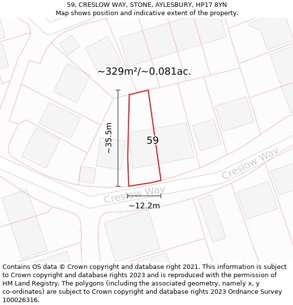 59, CRESLOW WAY, STONE, AYLESBURY, HP17 8YN: Plot and title map