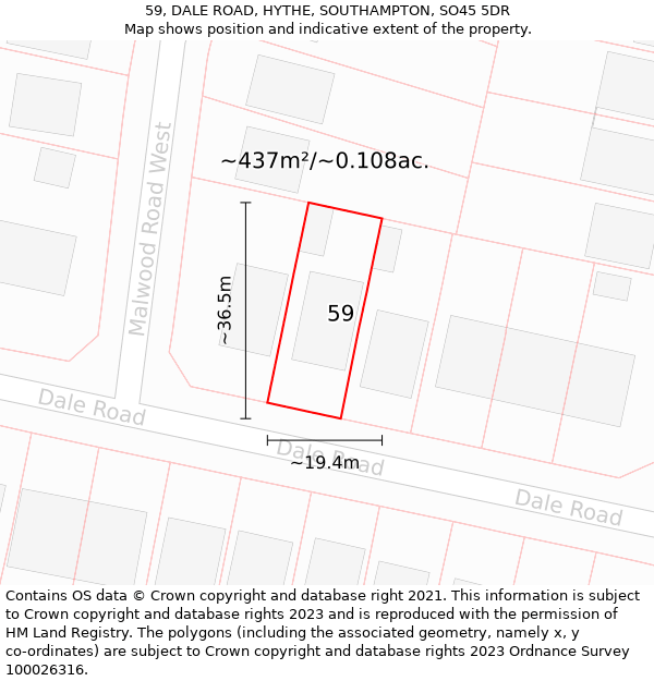 59, DALE ROAD, HYTHE, SOUTHAMPTON, SO45 5DR: Plot and title map