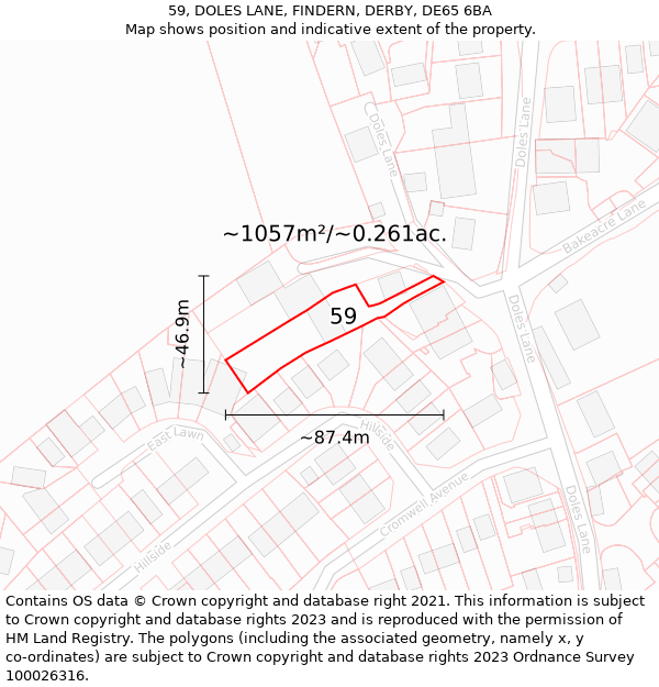 59, DOLES LANE, FINDERN, DERBY, DE65 6BA: Plot and title map