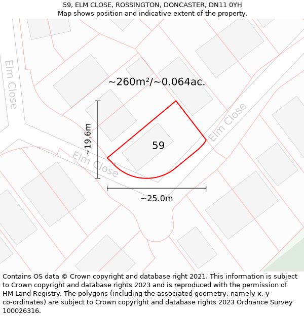 59, ELM CLOSE, ROSSINGTON, DONCASTER, DN11 0YH: Plot and title map