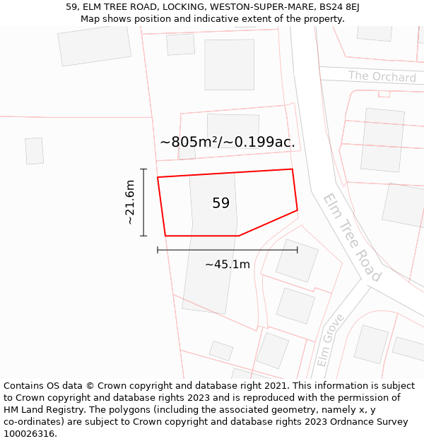 59, ELM TREE ROAD, LOCKING, WESTON-SUPER-MARE, BS24 8EJ: Plot and title map