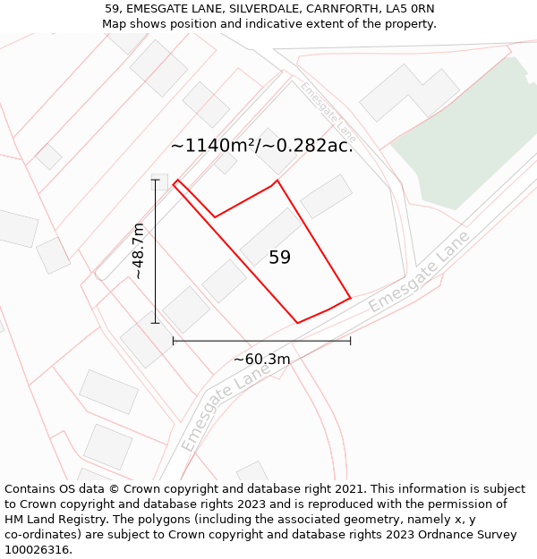 59, EMESGATE LANE, SILVERDALE, CARNFORTH, LA5 0RN: Plot and title map