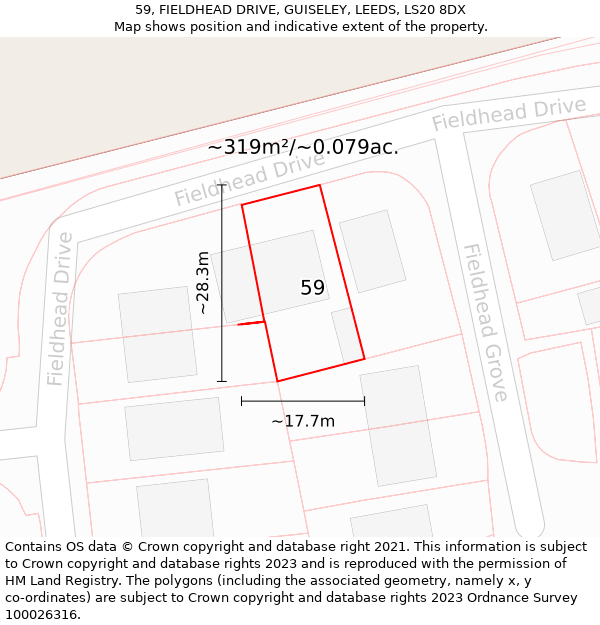 59, FIELDHEAD DRIVE, GUISELEY, LEEDS, LS20 8DX: Plot and title map