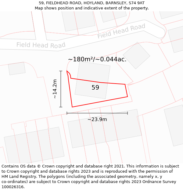 59, FIELDHEAD ROAD, HOYLAND, BARNSLEY, S74 9AT: Plot and title map