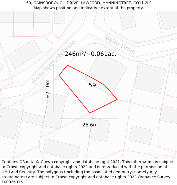 59, GAINSBOROUGH DRIVE, LAWFORD, MANNINGTREE, CO11 2LF: Plot and title map