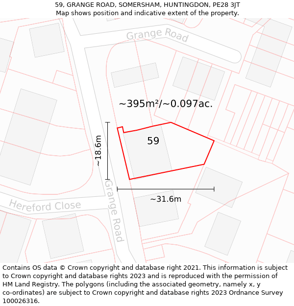 59, GRANGE ROAD, SOMERSHAM, HUNTINGDON, PE28 3JT: Plot and title map