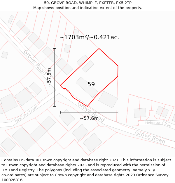 59, GROVE ROAD, WHIMPLE, EXETER, EX5 2TP: Plot and title map