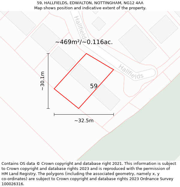 59, HALLFIELDS, EDWALTON, NOTTINGHAM, NG12 4AA: Plot and title map