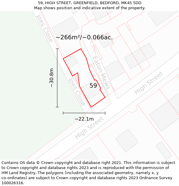 59, HIGH STREET, GREENFIELD, BEDFORD, MK45 5DD: Plot and title map