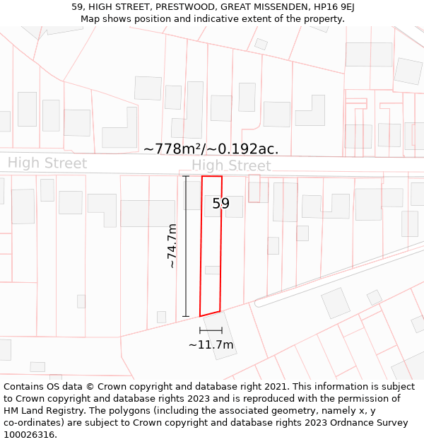 59, HIGH STREET, PRESTWOOD, GREAT MISSENDEN, HP16 9EJ: Plot and title map