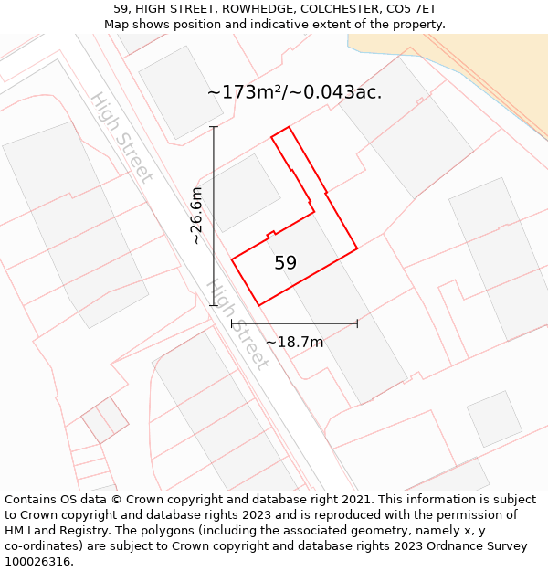59, HIGH STREET, ROWHEDGE, COLCHESTER, CO5 7ET: Plot and title map