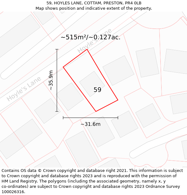 59, HOYLES LANE, COTTAM, PRESTON, PR4 0LB: Plot and title map