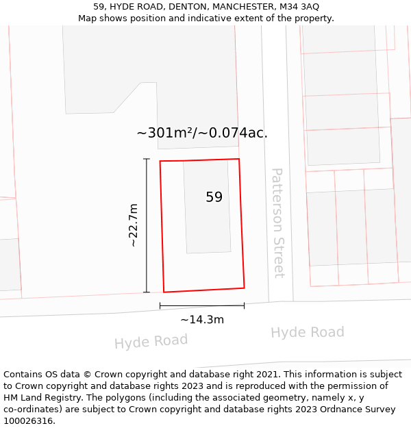 59, HYDE ROAD, DENTON, MANCHESTER, M34 3AQ: Plot and title map