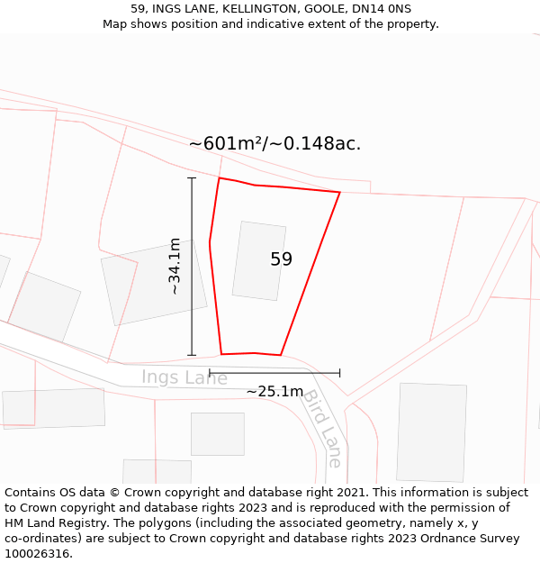 59, INGS LANE, KELLINGTON, GOOLE, DN14 0NS: Plot and title map