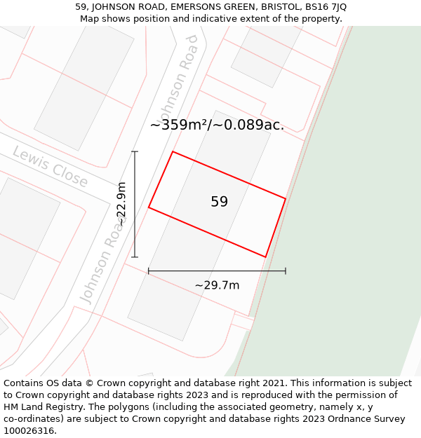 59, JOHNSON ROAD, EMERSONS GREEN, BRISTOL, BS16 7JQ: Plot and title map