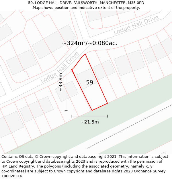 59, LODGE HALL DRIVE, FAILSWORTH, MANCHESTER, M35 0PD: Plot and title map