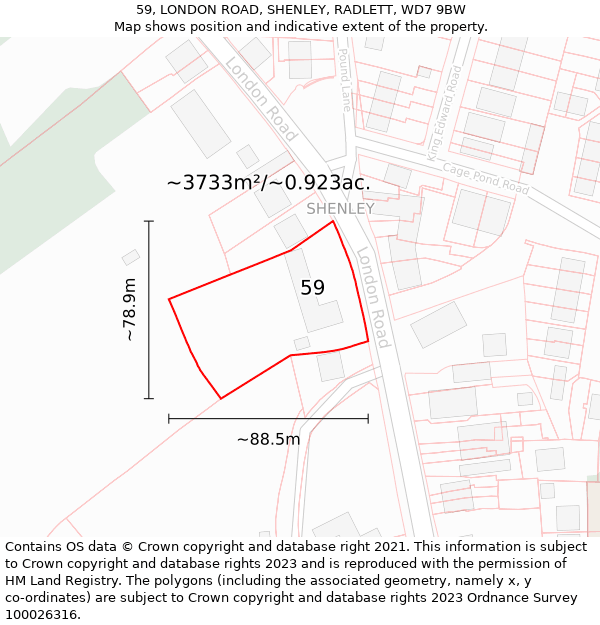 59, LONDON ROAD, SHENLEY, RADLETT, WD7 9BW: Plot and title map