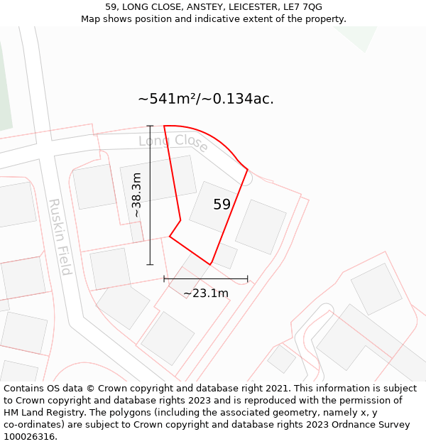 59, LONG CLOSE, ANSTEY, LEICESTER, LE7 7QG: Plot and title map