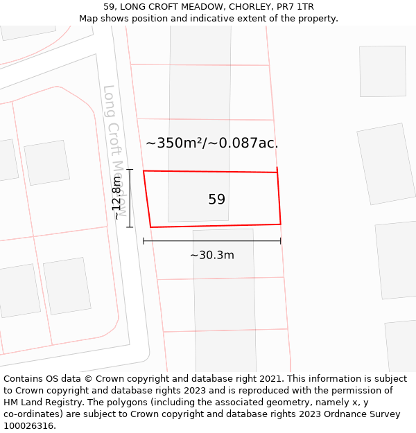 59, LONG CROFT MEADOW, CHORLEY, PR7 1TR: Plot and title map