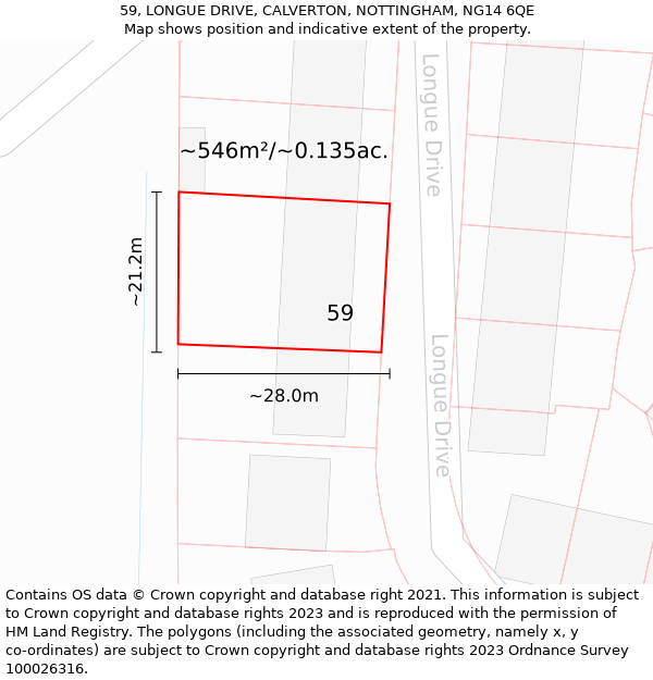 59, LONGUE DRIVE, CALVERTON, NOTTINGHAM, NG14 6QE: Plot and title map