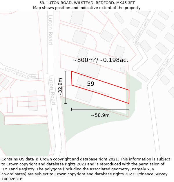 59, LUTON ROAD, WILSTEAD, BEDFORD, MK45 3ET: Plot and title map