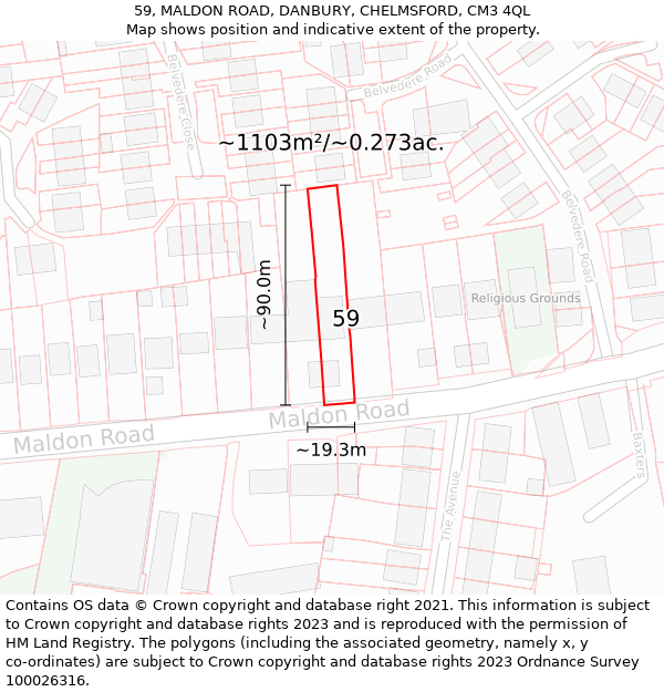 59, MALDON ROAD, DANBURY, CHELMSFORD, CM3 4QL: Plot and title map