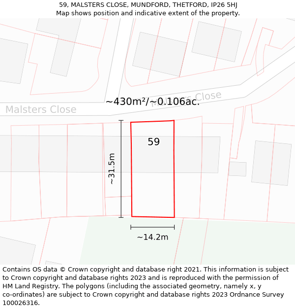 59, MALSTERS CLOSE, MUNDFORD, THETFORD, IP26 5HJ: Plot and title map