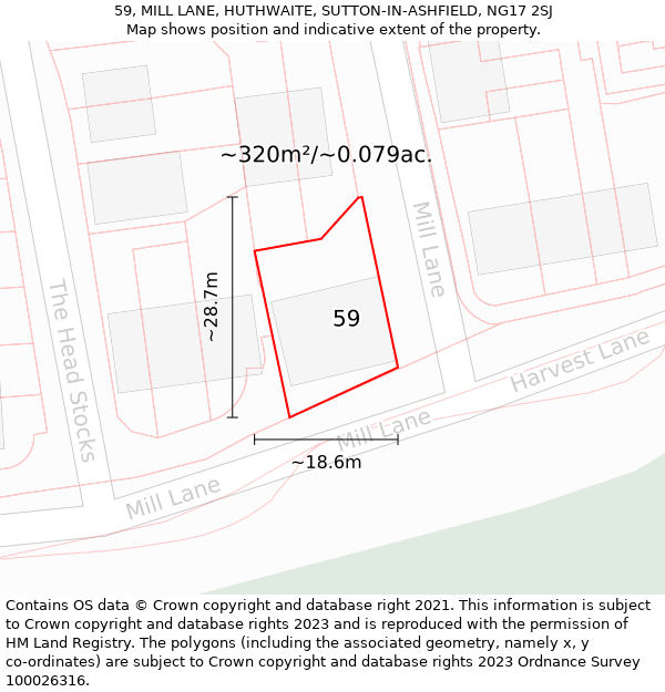 59, MILL LANE, HUTHWAITE, SUTTON-IN-ASHFIELD, NG17 2SJ: Plot and title map