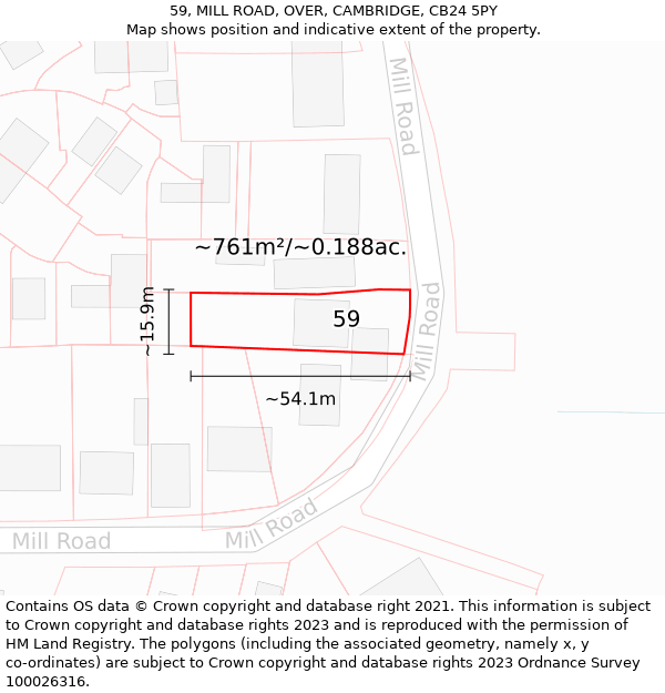 59, MILL ROAD, OVER, CAMBRIDGE, CB24 5PY: Plot and title map