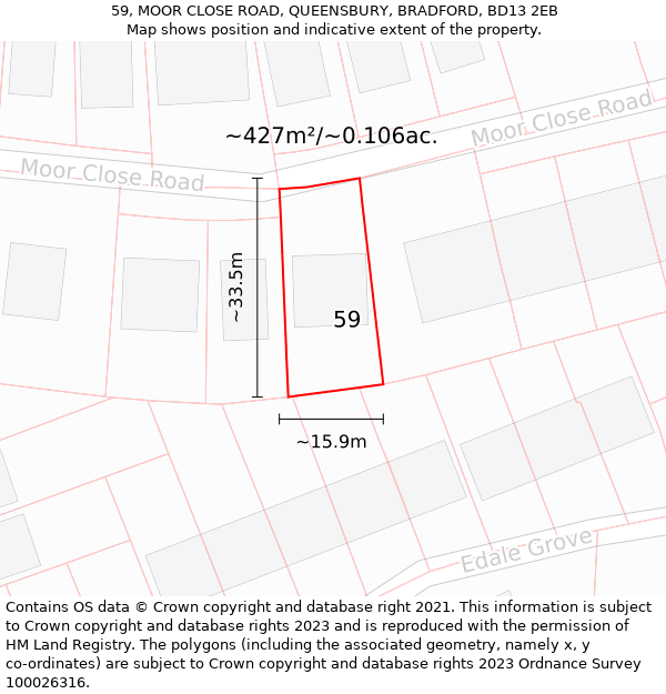 59, MOOR CLOSE ROAD, QUEENSBURY, BRADFORD, BD13 2EB: Plot and title map