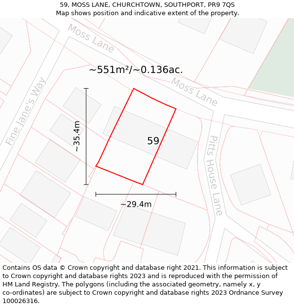 59, MOSS LANE, CHURCHTOWN, SOUTHPORT, PR9 7QS: Plot and title map