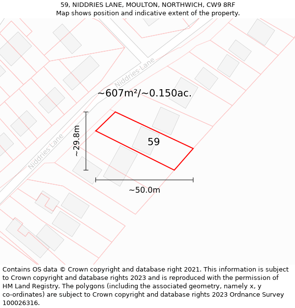 59, NIDDRIES LANE, MOULTON, NORTHWICH, CW9 8RF: Plot and title map