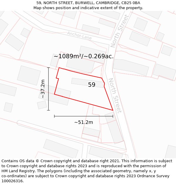 59, NORTH STREET, BURWELL, CAMBRIDGE, CB25 0BA: Plot and title map