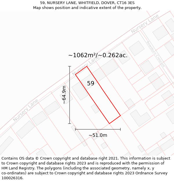 59, NURSERY LANE, WHITFIELD, DOVER, CT16 3ES: Plot and title map