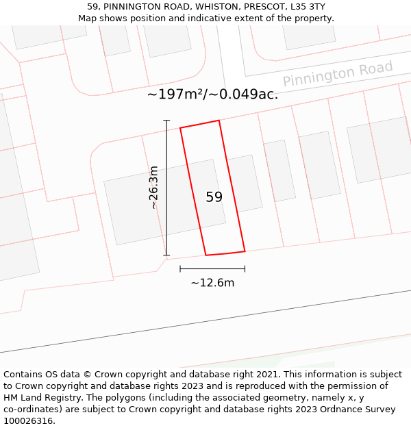 59, PINNINGTON ROAD, WHISTON, PRESCOT, L35 3TY: Plot and title map