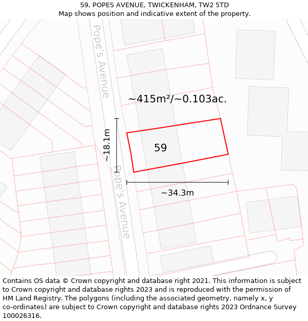 59, POPES AVENUE, TWICKENHAM, TW2 5TD: Plot and title map